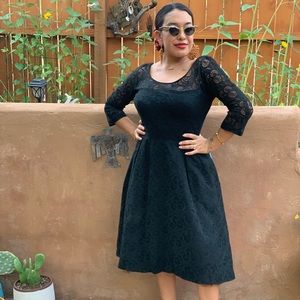 Vintage 1950s Stunning Black Lace Dress with Blue Satin Accents Mid-Century